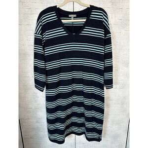 T by Talbots Womens jersey Knit dress navy teal stripes SPF 50 coastal cozycore